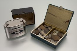 A faux shagreen paoer box containing two Vicrorial silver crowns dated 1893 1900, a collection of
