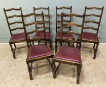 A set of 6 early 20th century oak dining chairs, in the Jacobean style, ladder backs over oxblood