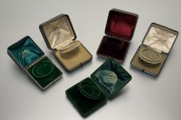 A vintage collection of six various bracelet jewellery boxes with velvet lined interiors: largest h.