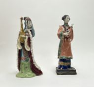 A pair of 20thC Chinese Wucai porcelain polychrome glazed figures, one moulded as a Mother