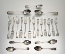 A collection of mixed Georgian and Victorian London and Edinburgh silver flatware to include a