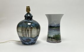 A Highland Stoneware table lamp of bulbous form decorated with forrest scene to body (h. 28cm,
