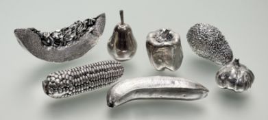 A group of filled silver models of fruit and vegetables, Birmingham 1994 and 1995, comprising: melon
