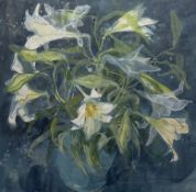 Y Jenny Matthews R.S.W. (Scottish, b. 1964), Lilies in a Green Jug, signed lower right, gouache,