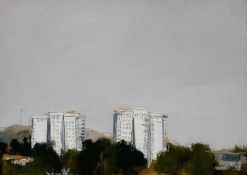 Y Anna King (Scottish, b. 1984), Highrise Edinburgh, titled, initialled and dated 2006 verso, oil
