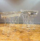 Two late 19thc/early 20thc wirework planters of typical elongated oval form, with white painted