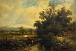Edmund Thornton Crawford R.S.A. (Scottish, 1806-1885), Cattle Watering by a Burn, The Pentland Hills