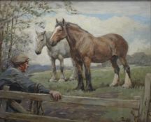 Tom Curr (Scottish, 1878-1958), Fetching the Shire Horses, signed lower right, oil on board, framed.