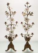 A striking pair of French gilt-metal and opaline glass church candelabra, each of seven lights,