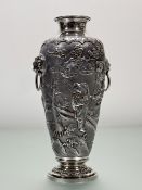 A Chinese Export silver twin-handled vase, c. 1900, Wang Hing, with maker's chop mark and 