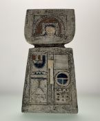 A Troika Pottery Double Bass vase by Linda Hazel, incised with a figure, crosses and geometric