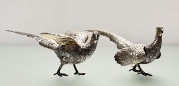 A pair of sterling silver table pheasants, a cock and a hen, probably German, each stamped 925.