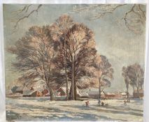 Mid Century oil on canvas, Snow scene, signed Elliott and dated 1958, 64cm x 76cm, unframed