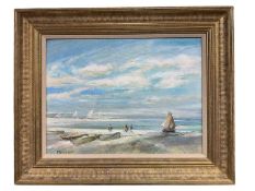 Michael D'Aguilar (1924-2011) oil on board - figures and boats on a beach, signed, further signed an
