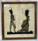 Early 19th century silhouette collage, paper cut and fabric coloured of a military officer and a lad