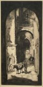 Sidney Tushingham (1884-1968) signed black and white etching - Continental Street, in glazed frame,