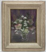 Jean Simonson, contemporary, oil on canvas board - Still life of flowers, initialled, 24.5cm x 19cm,