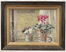English school, oil on canvas, Cyclamen, signed with initials 'A.C.', 25cm x 36cm, label verso, fram