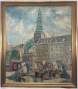 Thorvald Nygaard (1892-1973) oil on canvas, street scene with statue of Bishop Absalon, Copenhagen,