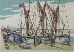 Michael Blooman 20th century signed linocut - Sailing Barges at Maldon II, 53cm x 75cm, numbered 7/5