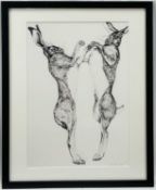 Jilly Cobbe, limited edition pencil signed print, March hares, 3/100, 42cm x 29cm, framed and glazed