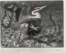 Colin See-Paynton (1946-) wood engraving - Grey Heron and Eel, signed and titled in pencil, 162/200,