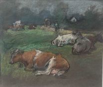 Manner of Becker, pastel, Cattle Resting, 22cm x 26cm, with mount, unframed