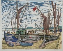 Michael Blooman 20th century signed linocut - Barges at Maldon I, 53cm x 66cm, numbered 27/50, in gl