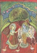 Antique Indian gouache painting of Krishna and Radha with a cow, framed and glazed, 33.5cm x 23.5cm