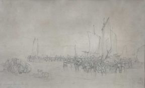 Edward Duncan (1803-1882) pencil study - Landing Fish at Whitby, inscribed, exhibited 1873, 31cm x 5