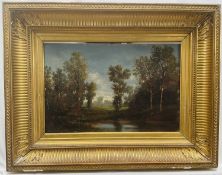 19th century French oil on panel, landscape, signed, in gilt frame, labels verso