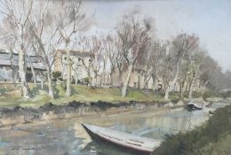 J. S. Goodall, 1950s gouache - Continental Riverscape, signed, dated '53, 34cm x 52cm, in glazed gil