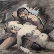 Rowland Wright Alston (1897-1958) pen and ink and watercolour, Nude figures in a landscape, signed w