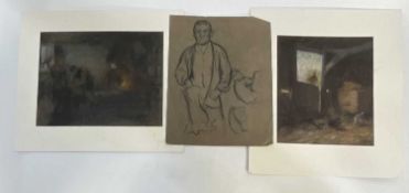 Manner of Becker, two pastels, Barn door with chickens and Blacksmiths with milking sketch verso, an