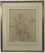 Philip Howard Evergood (American 1901-1973) pencil drawing - - Seated figure sewing in an interior,