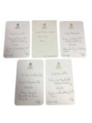 H.M. Queen Elizabeth The Queen Mother, five handwritten Royal menus on gilt embossed crowned ER cyph