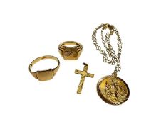9ct gold St. Christopher pendant on yellow metal chain, 9ct gold cross pendant and two 9ct gold sign