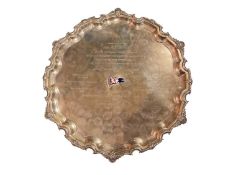 Large silver salver with enamelled flag decoration and engraved presentation inscriptions, 39cm diam
