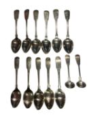 Eleven Georgian silver teaspoons and pair of Georgian silver condiment spoons, all with engraved 'J'