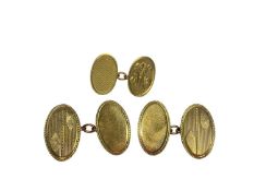 Pair 9ct gold oval panel cufflinks and one other single 9ct gold cufflink (3)