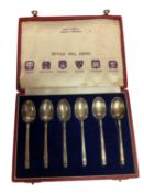 Set of six Mappin & Webb 'British Hall Marks' silver teaspoons in fitted case