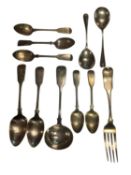 Group of Georgian, Victorian and later silver spoons and an Irish silver fork