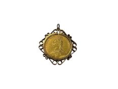 Victorian gold full sovereign, 1887, in 9ct gold pendant mount