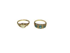 9ct gold single cultured pearl and diamond ring and 9ct gold three blue stone and diamond ring in ca