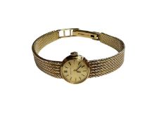 Certina 9ct gold ladies wristwatch on integral 9ct gold mesh bracelet