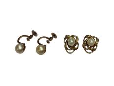 Two pairs of cultured pearl earrings, one in 9ct gold clip on setting and the other in yellow metal
