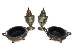 Pair of Edwardian silver condiments with blue glass liners and pair of silver pepperettes