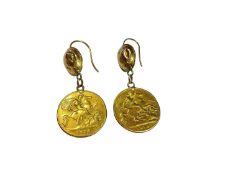 Pair of Edward VII gold half sovereigns, 1910, suspended from yellow metal earring mounts