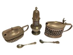 Georgian silver pepper pot, together with two silver mustard pots with blue glass liners and two sil