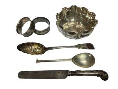 Victorian silver bowl with crimped edges, Victorian silver berry spoon, pair of Edwardian silver nap